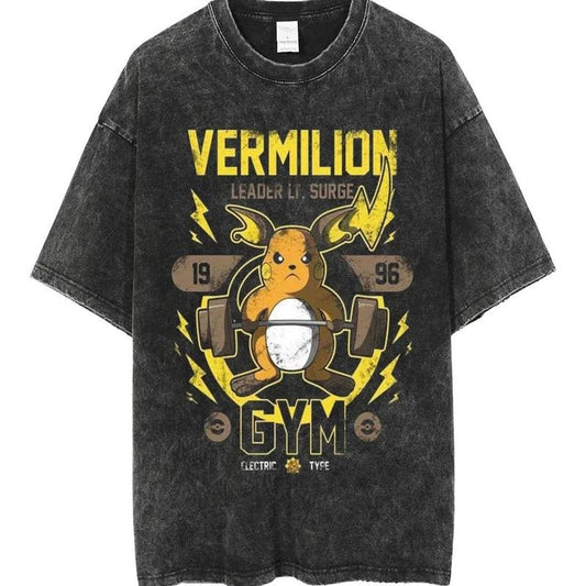 [ Mineral Wash ] Retro PKM Gym Leader Tee Vermilion Anime PKM Fan Lovers Streetwear & Washed Gym Style Shirt