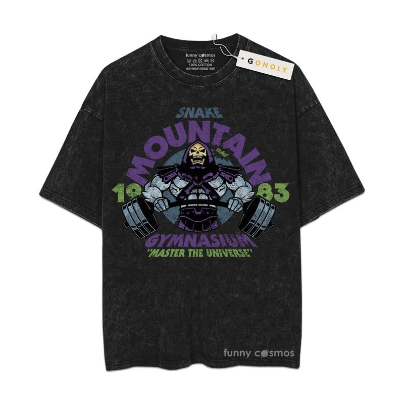 [ Mineral Wash ] Retro Snake Mountain Gymnasium, Master The Universe Tee Anime Fan Lovers Streetwear & Washed Gym Style Shirt