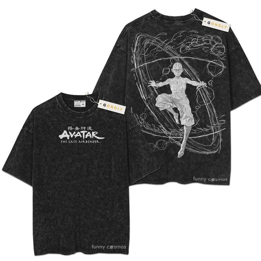 [ Mineral Wash ] Retro Vintage Aang The Last Air Nomad The Avatar Anime Double Printed Washed Tee Unisex Oversize Anime Manga Washed Lightweight Cotton TShirt