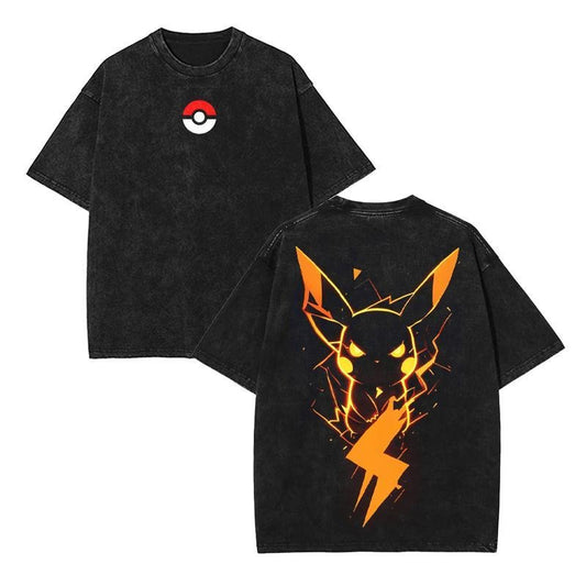 [ Mineral Wash ] Retro Vintage Pokemon Pikachu Anime Shirt, Pocket Monsters Anime Tshirts, Heavyweight Cotton Top Fabric Menswear Tshirt Streetwear