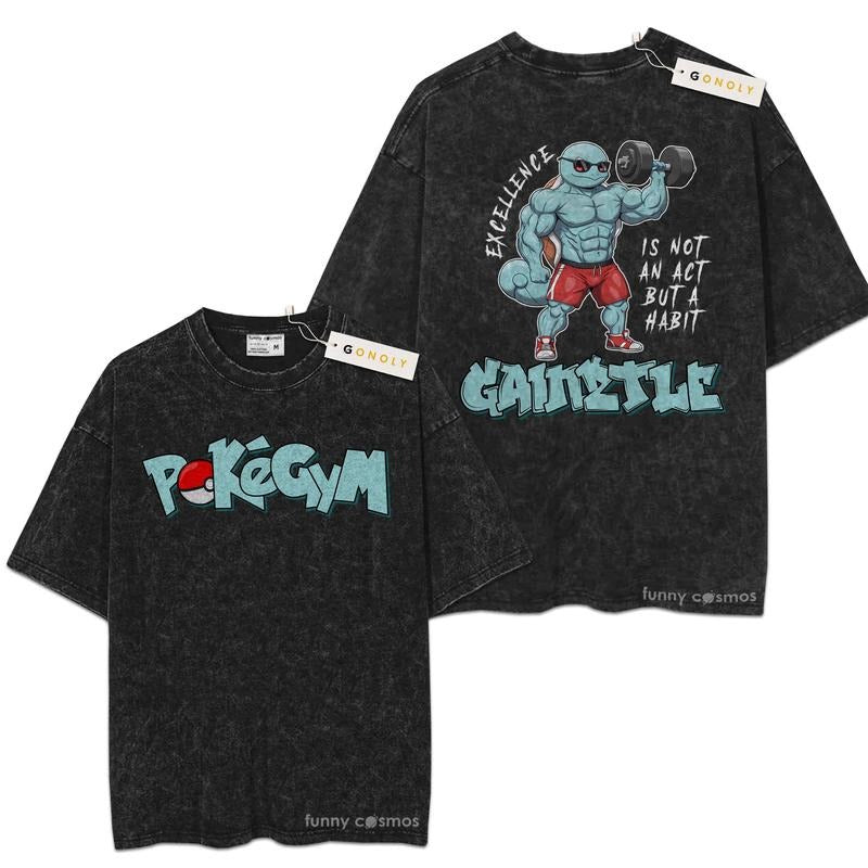 [ Mineral Wash ] Squirtle, Pokemon Gym Fan Lovers Streetwear & Washed Gym Style Shirt