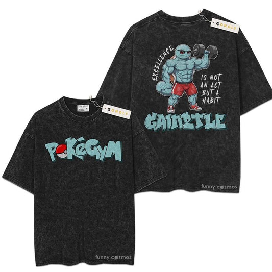 [ Mineral Wash ] Squirtle, Pokemon Gym Fan Lovers Streetwear & Washed Gym Style Shirt