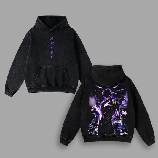 [ Mineral Wash ] Sung Jin Woo X Solo Leveling Igris, Beru, Tusk Anime Clothing Double Printed Vintage Washed Hoodies Unisex Anime Merch Manga Heavyweight Cotton Hoodies