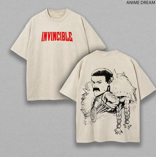 [ Mineral Wash ] Thragg Invincible Anime Double Printed Vintage Washed Tee Unisex Oversize Heavyweight Cotton TShirt For Anime Fans