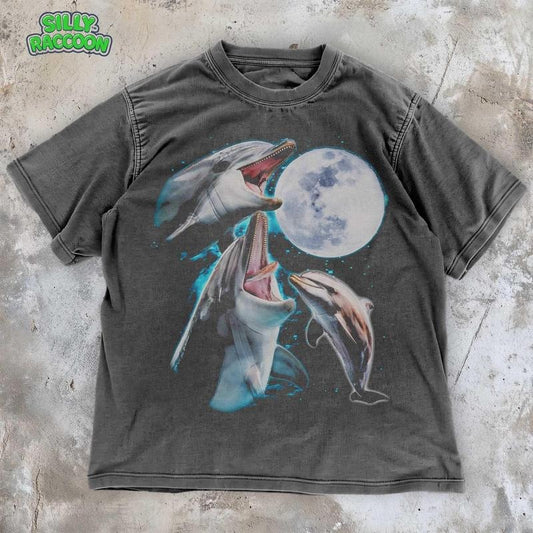 [ Mineral Wash ] Three Football Team Vintage Style TShirt , Y2K Aesthetic Moon Washed, Grunge Ocean Graphic Tee , Funny Meme Unisex Shirt , Celestial Dolphin Tee