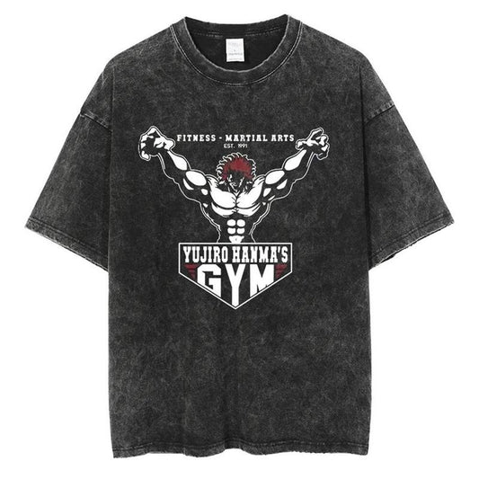 [ Mineral Wash ] Yujiro Hanma's Gym Pose Vintage Tee Anime Fan Lovers Streetwear & Washed Gym Style Shirt
