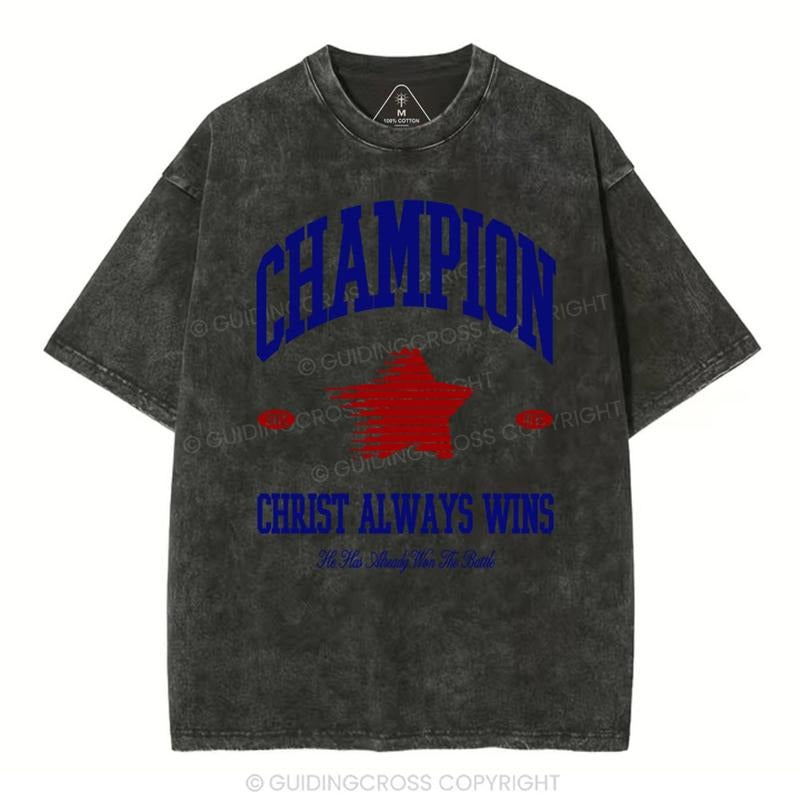 [Mineral Wash Shirt] Christ Always Wins Christian Washed Shirt Jesus Graphic Style Shirt Casual Crewneck
