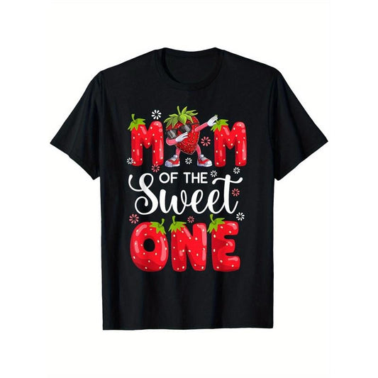 Mom Of The Sweet One Dabbing Valentines Shirt Strawberry T-Shirt, 100% cotton, Holiday Gift, In-store explosion, A lot of Praise, men, women, dad, family, mother, friends StrawberriesT-shirt, 180g, round neck black, size S-XXXL made in usa