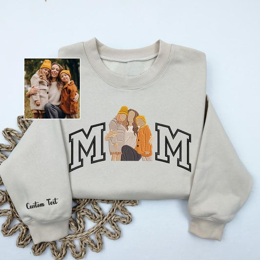 Mom Portrait Embroidered Sweatshirt With Child Name On Sleeve, Custom Mother's Day Portrait Crewneck Sweatshirt, Gifts For New Mom, Gifts For Her