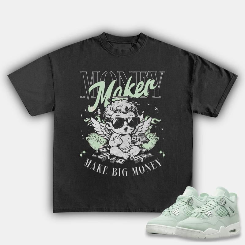 Money Maker Match 4s Seafoam Sneakers, Unisex Cotton Graphic Tee, Y2K Inspired T-shirt, Fitted for Streetwear Fans