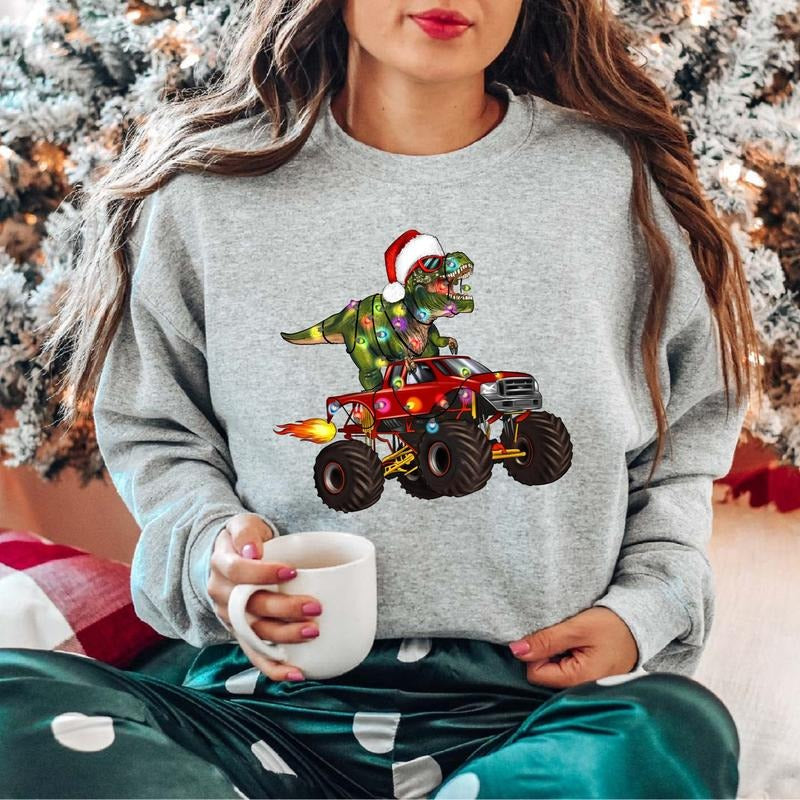 Monster Truck And T-Rex Dinosaur Sweatshirt, Christmas Light Sweater, Dinosaur Christmas Hoodie, Dinosaur Lover Winter Holiday Gift Sweater.