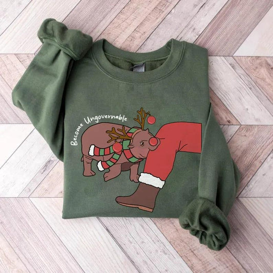 Moo Deng Sweatshirt, Christmas Moo Deng Sweatshirt, Baby Pygmy Hippo Moo Deng Christmas Shirt, Santa Claus Shirt, Funny Animals Christmas Sweater