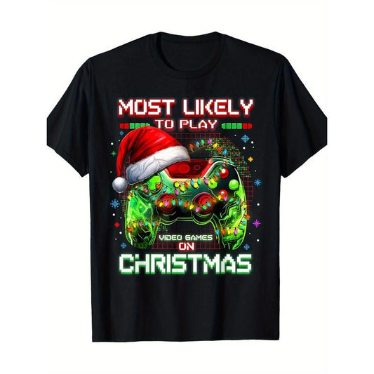 Most Likely To Play Video Games On Christmas Santa Mens T-Shirt-100% Cotton-220ghirt made in usastyle{n002}2