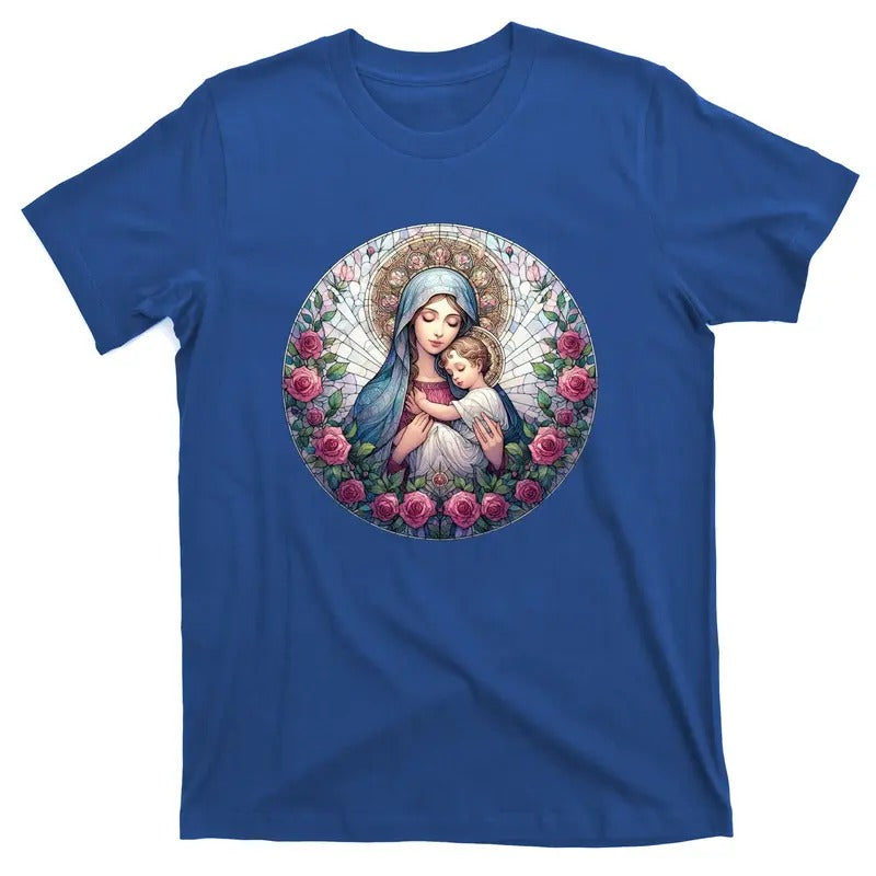 Mother Mary Stained Glass Collection: Roses Mary And Jesus Catholic Christian T-Shirt
