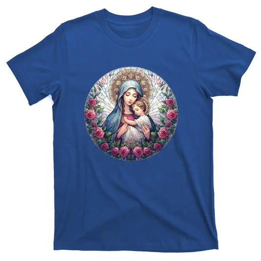 Mother Mary Stained Glass Collection: Roses Mary And Jesus Catholic Christian T-Shirt