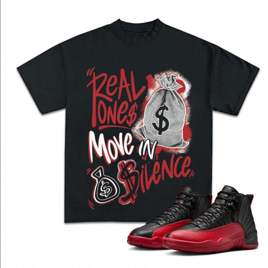 Move In Silence Match 12 Flu Game Sneakers, Y2K Cotton T-shirt, Unisex Graphic Tee, Fitted Crewneck Streetwear Vibes