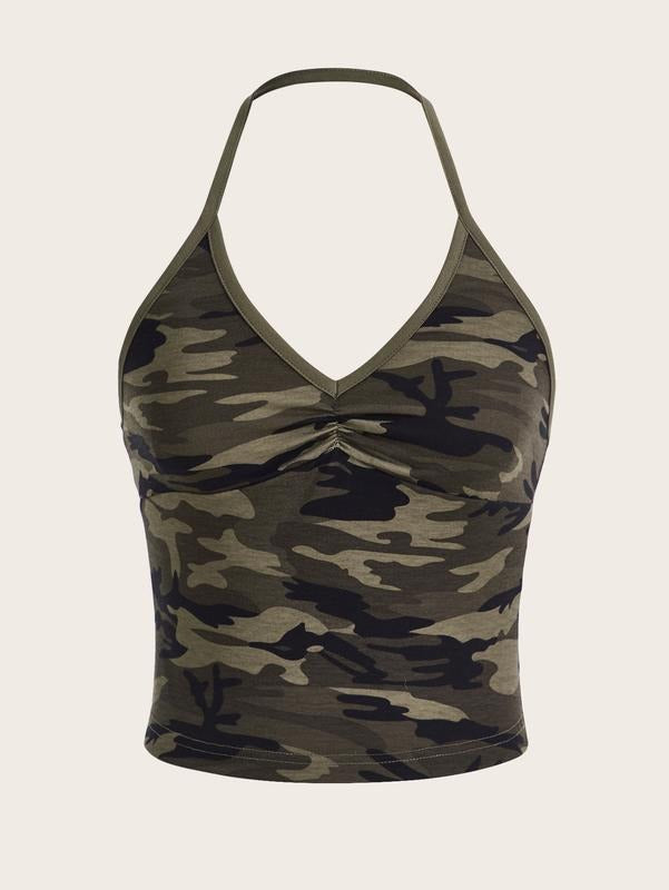 Music Festival Outfits V Neck Sleeveless Halter Tops Ruched Backless Cami Crop Top