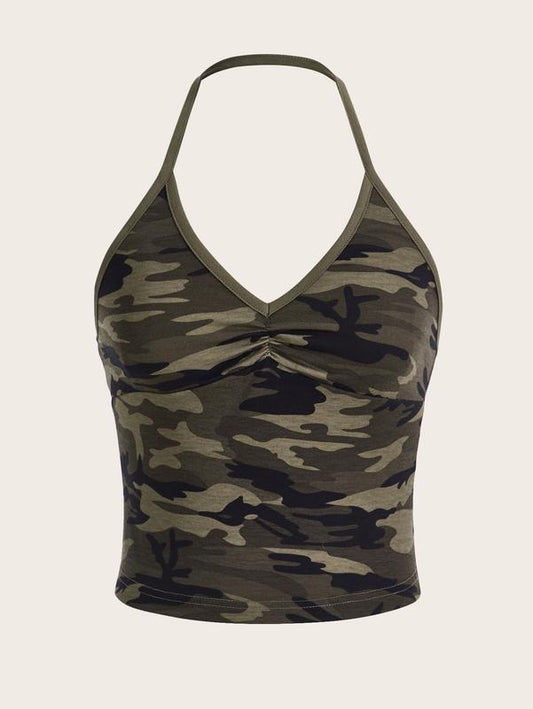 Music Festival Outfits V Neck Sleeveless Halter Tops Ruched Backless Cami Crop Top