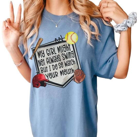My Girl Might Not Always Swing But I Do Shirt, Funny Softball Shirt, Softball Mom Shirt, Unisex T-Shirt, Gifts For Sport Lovers Him Her, Short Sleeve Tee Shirt, Gifts For Birthday Mothers Day