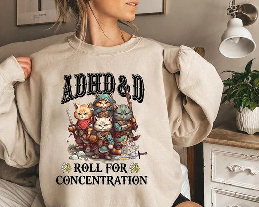 NAT 1, ADHD&D Roll for Concentration Sweatshirt, ADHD DnD Cat Shirt,Cat DnD Shirt, Mental Health DM Gift,TTRPG Hoodie,Dungeons and Dragons Sweatshirt,Role Play Tee,Funny Dragon Unisex Tee,Game Masters,Gamer D&D Sweatshirt