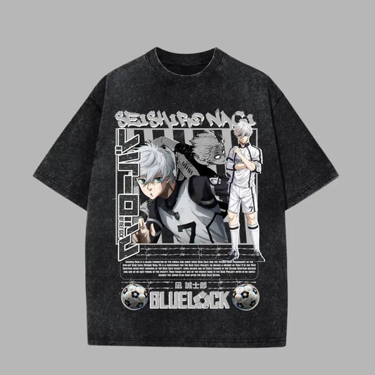 Nagi Seishiro Washed Oversized T-Shirt, Blue Lock Anime Washed Heavy Cotton Special Graphic Tee