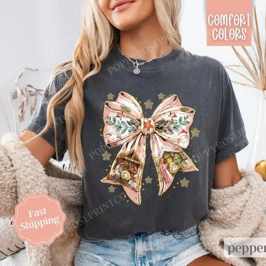Nativity Bow Christmas Shirt , Religious Christmas Tee, Women's Holiday Tshirt