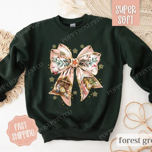 Nativity Bow Christmas Sweatshirt, Religious Christmas Sweater, Women's Holiday Crewneck