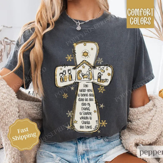 Nativity Cross Christmas Shirt Comfort Colors, Religious Christmas Tee, Women's Holiday Tshirt