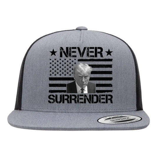 Never Surrender Trump 2024 American Flag Flat Bill Snapback Trucker Hat