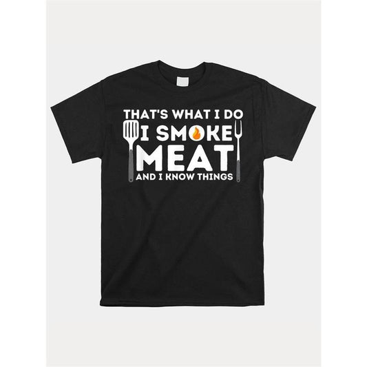 New Arrival 2024 BBQ Enthusiast "I Smoke Meat and I Know Things" Graphic T-Shirt for Men, Black, Sporty, Casual, Short-Sleeved, 220g