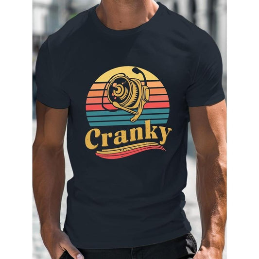 New Breathable Men's Fashion Cranky Fishing Reel Design Print Comfy T-Shirt, Casual Round Neck Short Sleeve Tee For Spring Summer Holiday Leisure Vacation Men's Clothing As Gift Made in USA