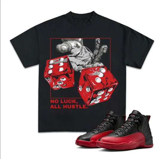 No Luck All Hustle Match 12 Retro Flu Game Outfits, Menswear Graphic Tee Cotton T-shirt, Y2K Streetwear, Hip Hop Crewneck