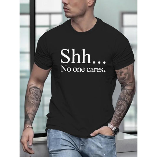 No One Cares Print Tee Shirt, Tees For Men, Casual Short Sleeve T-shirt For Summer Made in USA