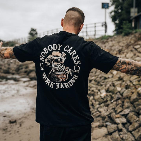 Nobody Cares Work Harder Skull Back Side Printed Men T-Shirt Sweatshirt Hoodie, Motorcycle Shirt Cotton Menswear Hoodie Sweatshirt Underwear Tshirt Streetwear