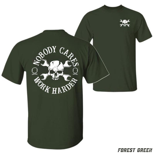 Nobody Cares Work Harder T-shirt - Bold Skull And Cross Wrenches Design 100% Cotton Casual Crew Neck Short Sleeve Unisex Available In Multiple Colors - Tops Menswear