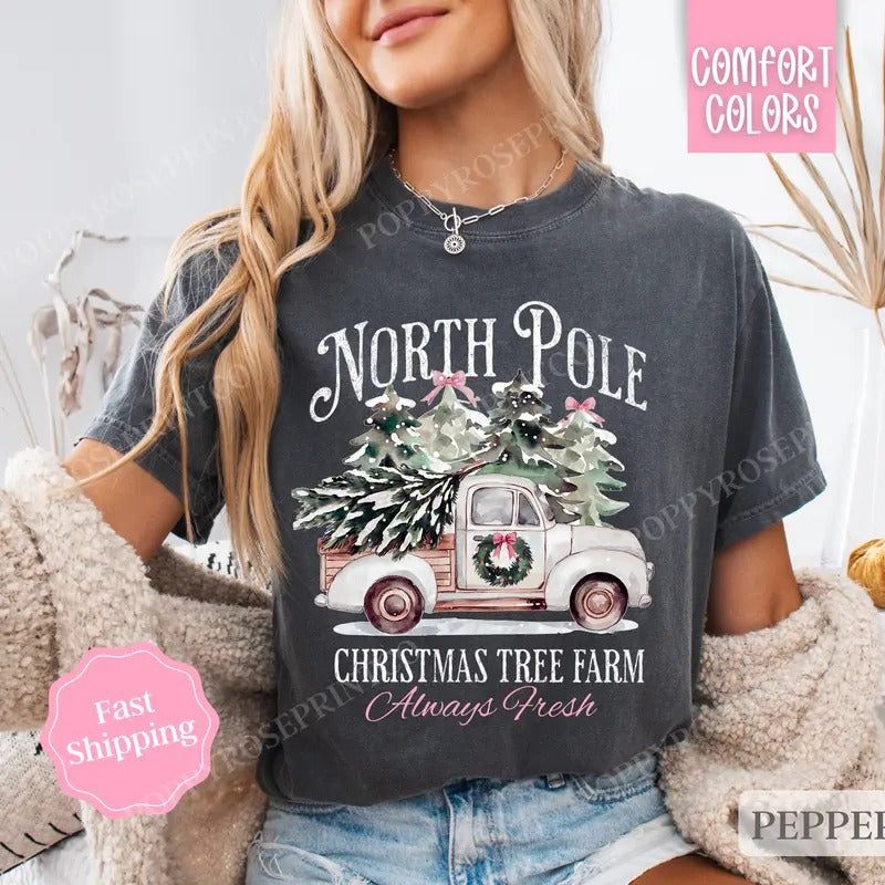 North Pole Christmas Tree Farm Shirt Holiday Tshirt, North Pole Tee Women's Holiday Shirts