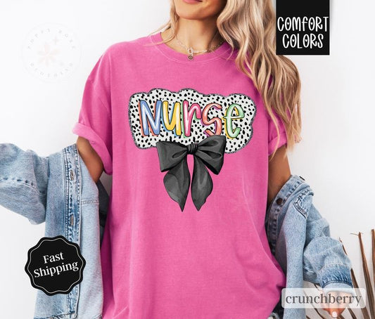 Nurse Bow Shirt Comfort Colors, Coquette Nurse Tshirt, Gift For Nurse Graduation Gift Womenswear Oversized Crewneck Tee