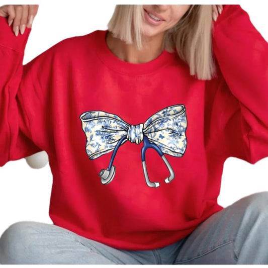 Nurse Toile Bow Sweatshirt, Stethoscope Bow Shirt, Nurse Coquette Hoodie, Gift For Nurse, Healthcare Professionals, Unisex Crewneck Pullover Tee, Crewneck Top