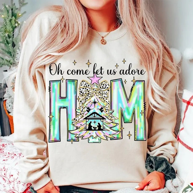 Oh Come Let Us Adore Him Neon Color Coquette Bow Christmas Tree Sweater, Christmas Jesus, Iridescent Christian Christmas, Xmas Tree with Bow Tee