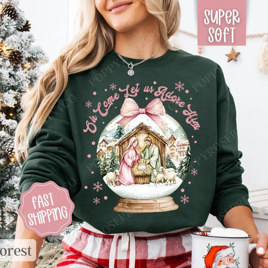 Oh Come Let Us Adore Him Sweatshirt, Christmas Sweater, Women's Holiday Crewneck