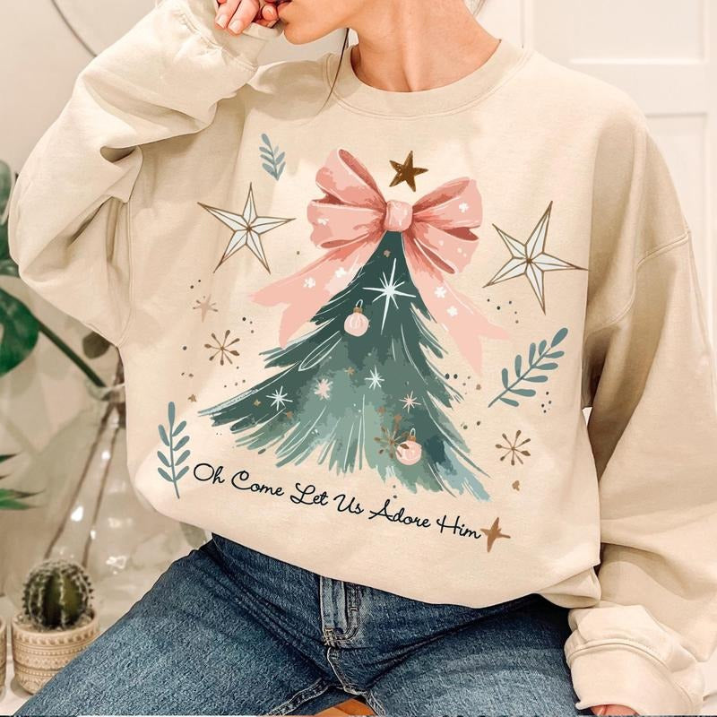 Oh Come Let Us Adore Him Sweatshirt, Coquette Bow Christmas Tree Shirt,Christmas Jesus Sweatshirt,Watercolor Christian Christmas,Xmas Tree with Bow Sweatshirt