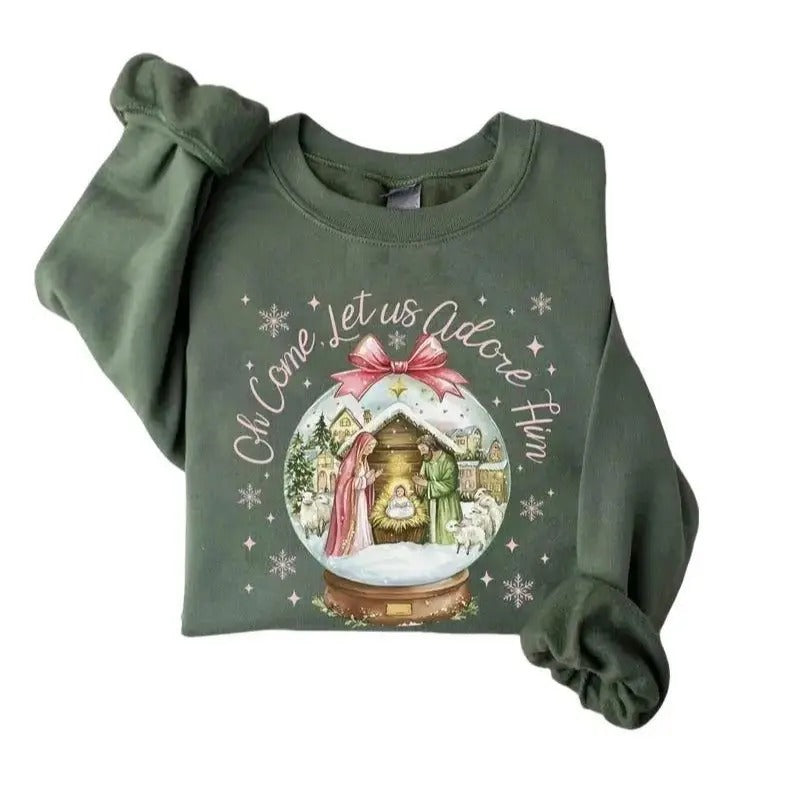 Oh Come Let Us Adore Him Sweatshirt,hoodie, Nativity Scene Christmas Shirt, Coquette Jesus Christmas Snow Globe Sweatshirt, Oh Holy Night