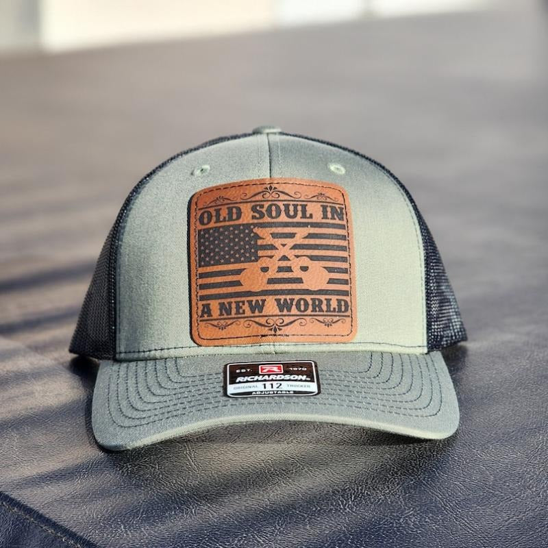 Old Soul New World Leather Patch Black Trucker Hat Richarson 112-Country Music Fans, Bachelor Parties, Unique Husband Man Gift