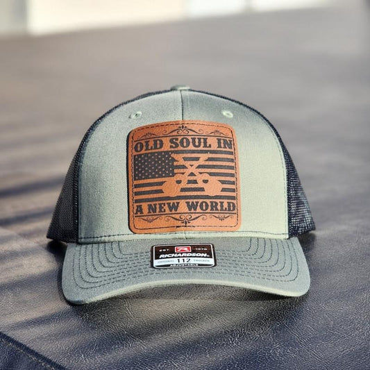 Old Soul New World Leather Patch Black Trucker Hat Richarson 112-Country Music Fans, Bachelor Parties, Unique Husband Man Gift