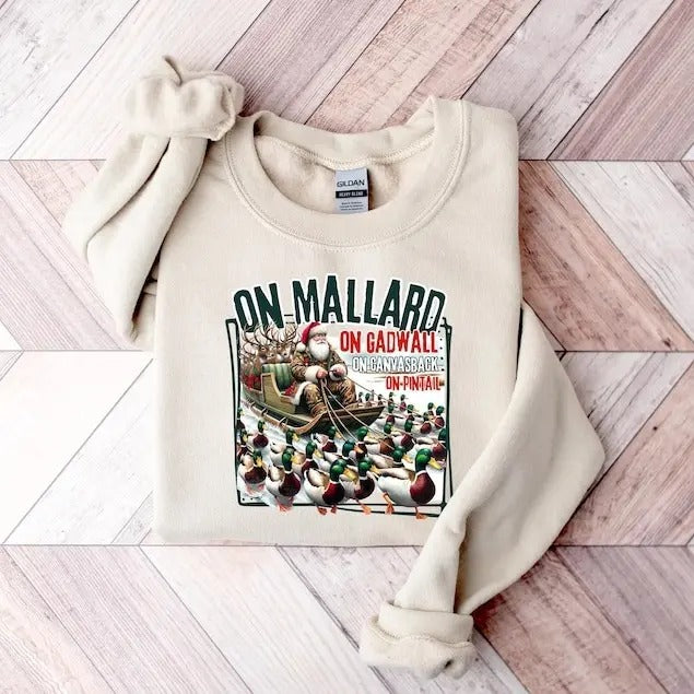 On Mallard On Gadwall Christmas Shirt, Funny Duck Hunting Santa Design, Outdoor Waterfowl Hunting Top, Sportsman Sweatshirt, Santa Sleigh