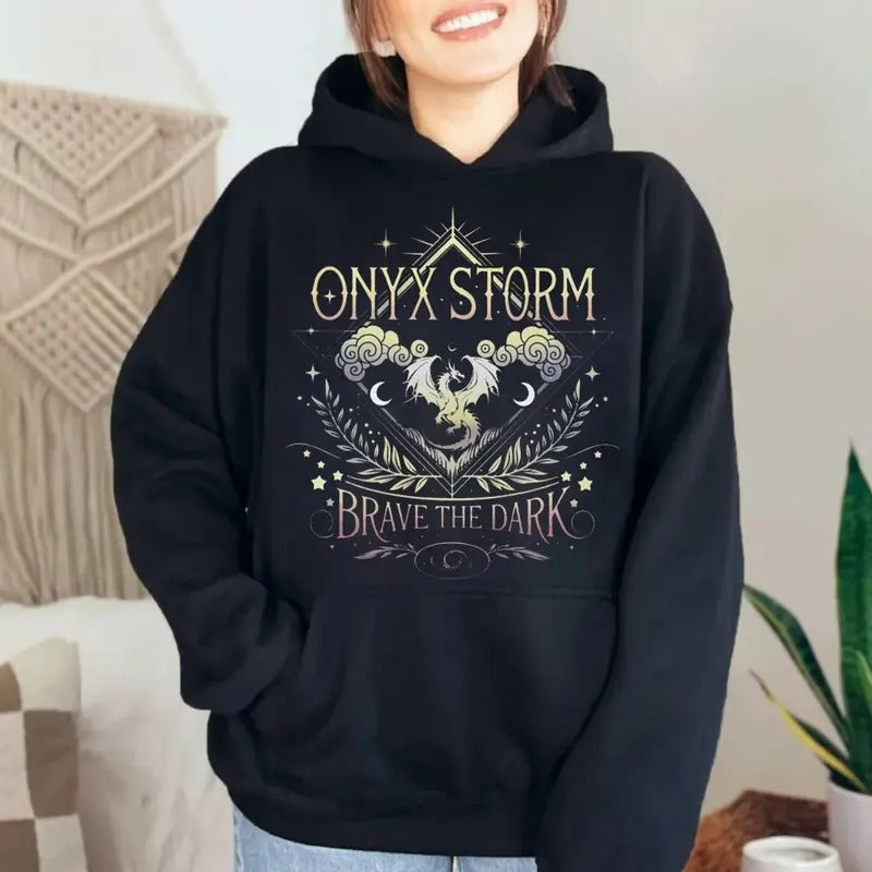 Onyx Storm Brave The Dark Shirt, Book Lovers, Fourth Wing Series Sweatshirt, Basgiath War College Bookish Merch, The Empyrean Book Series Hoodie, Unisex Sweater Pullover Tee