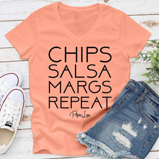 Chips Salsa Margs Repeat Apparel, Proudly Printed In The USA, Tee / Tank / V Neck Gray / White / Blue / Hot Pink / Orange, #sassy #cute #blackprint