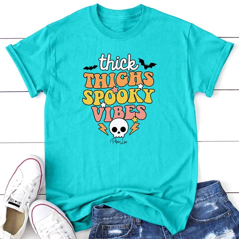 Halloween | Thick Thighs Spooky Vibes Apparel, Proudly Printed In The USA, Tee / Tank / V Neck Gray / White / Blue / Hot Pink / Orange, #sassy #cute