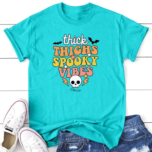Halloween | Thick Thighs Spooky Vibes Apparel, Proudly Printed In The USA, Tee / Tank / V Neck Gray / White / Blue / Hot Pink / Orange, #sassy #cute