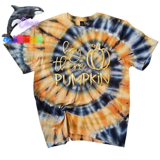 Orca ~ HI THERE PUMPKIN Metallic Gold Puff on Spiral Tie Dye T-shirts ~ Comfort Colors ~ Fall Women Shirts  Womenswear